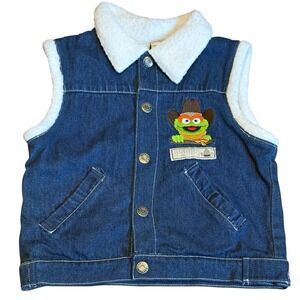 Sesame Street Vintage Denim Vest 3T Oscar‎ Cowboy Club Fleece Collar Snap Unisex